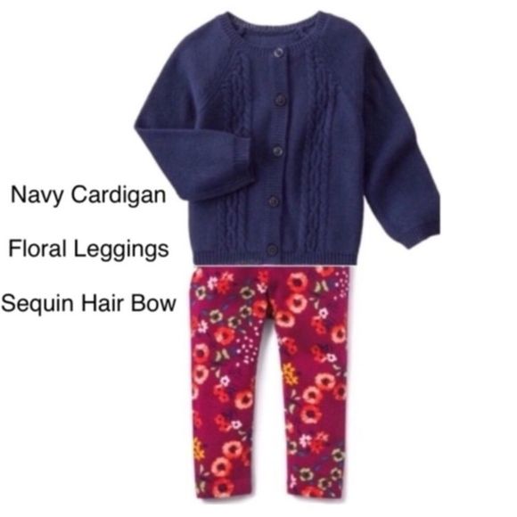Navy Cardigan Floral Leggings Sequin Bow Set Sz 2T - Picture 6 of 11
